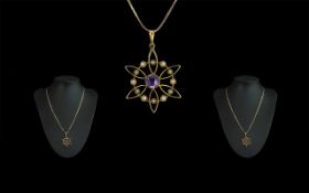 Victorian Period - Exquisite 9ct Gold Open Worked Pendant Set with Amethysts and Seed Pearls,