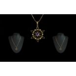 Victorian Period - Exquisite 9ct Gold Open Worked Pendant Set with Amethysts and Seed Pearls,