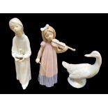 Two Nao & One Lladro Figure, comprising a goose, a girl playing a violin,