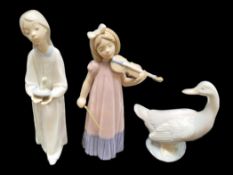 Two Nao & One Lladro Figure, comprising a goose, a girl playing a violin,