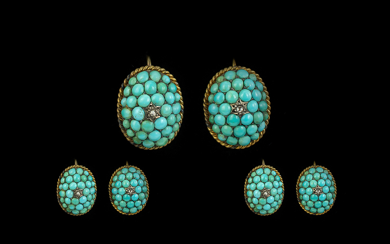 Antique Period Attractive 15ct Gold Turquoise & Diamond Set Pair of Earrings,