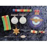 WWII Interest - Box containing 3 WWII medals, together with bar, RAF pin badge, cloth badge,