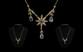 Victorian Period Attractive 9ct Gold Amethyst and Seed Pearl Ornate Designed Pendant / Necklace.