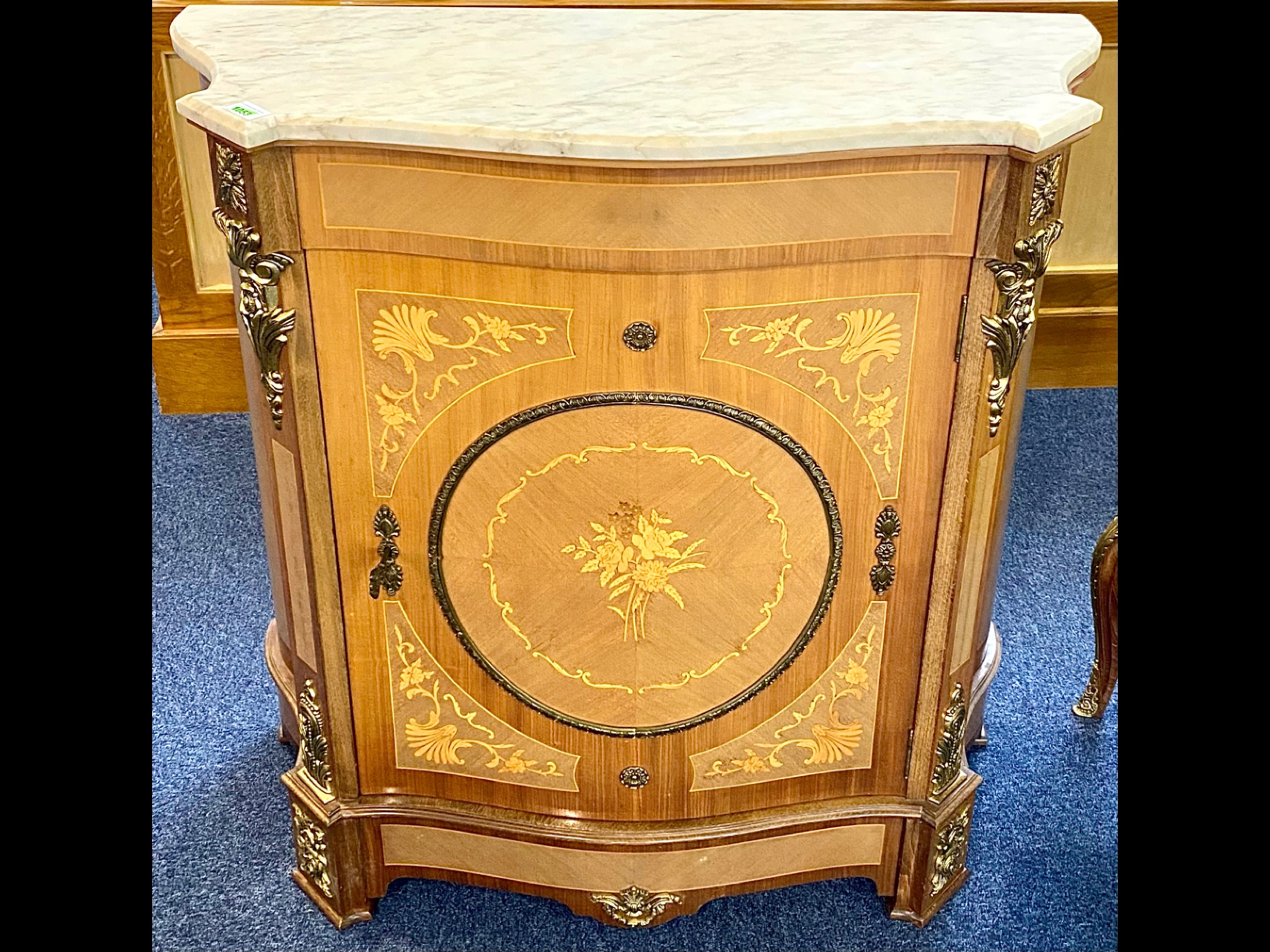 Mid 20th Century French Style Cabinet, marble top, brass ormolu mounts, door with single shelf.