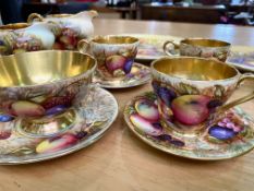 Collection of Aynsley Fruit Decoration Porcelain, comprising three large teacups and saucers,