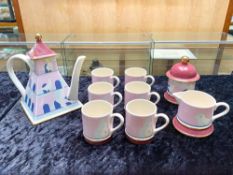 Carlton Ware 'Dovecote' Tea Set, comprising a Teapot, Lidded Sugar Bowl, Milk Jug and Six Mugs.