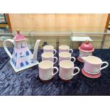 Carlton Ware 'Dovecote' Tea Set, comprising a Teapot, Lidded Sugar Bowl, Milk Jug and Six Mugs.