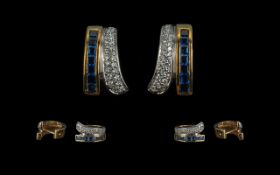 14ct Gold Superb Pair of Diamond and Sapphire Set Earrings - Marked 585.