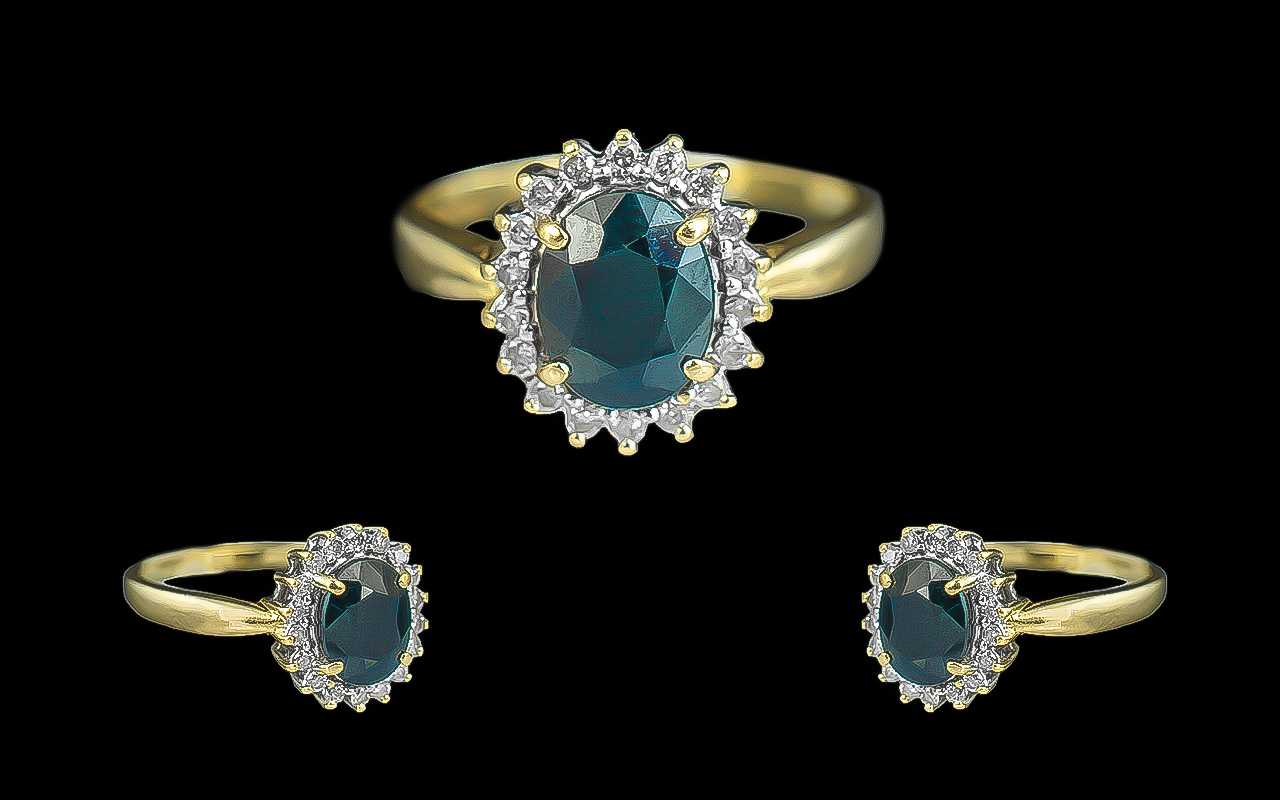 Ladies 18ct Gold Attractive Sapphire - Diamond Set Cluster Ring.