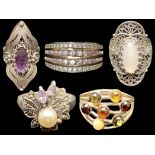 Five Silver Stone Set Rings, comprising a multi coloured stone set ring,