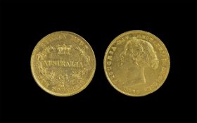 Queen Victoria Australia 22ct Gold Bun Head - Shield Back Full Sovereign. Date 1866, Good Grade -