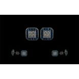 18ct White Gold Superb Pair of Diamond and Sapphire Set Earrings of square form, marked 750 - 18ct,