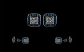 18ct White Gold Superb Pair of Diamond and Sapphire Set Earrings of square form, marked 750 - 18ct,