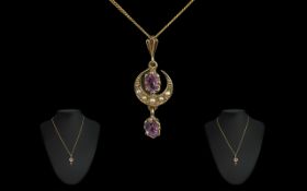 Ladies 9ct Gold 'Moon and Stars' Stone Set Pendant and Chain, full hallmark for 9.