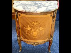 Mid 20th Century French Side Table of shaped front, marble top, brass ormolu and floral inlay.