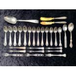Bag of Mostly French Silver Items, low grade, comprising assorted spoons, pickle forks, knives, etc.
