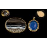 Antique Period Attractive 14ct Gold Large Polished Blue Stone Set - Ornate Oval Shaped Pendant.