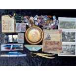 Box of Collectibles & Ephemera, comprising brass and wood compass,