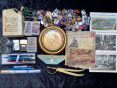 Box of Collectibles & Ephemera, comprising brass and wood compass,