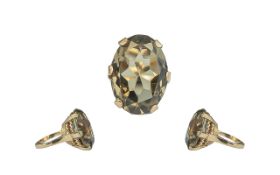 Ladies 9ct Gold Single Stone Smoky Topaz Set Statement Ring. Marked 9ct to Shank.