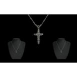 Ladies 14k White Gold Diamond Cross Pendant and Necklace.