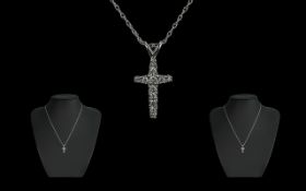 Ladies 14k White Gold Diamond Cross Pendant and Necklace.