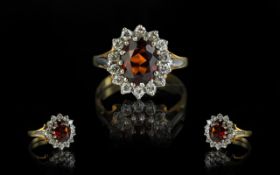 Ladies 18ct Gold Attractive Diamond & Fire Garnet Cluster Ring, flowerhead setting. Diamonds and