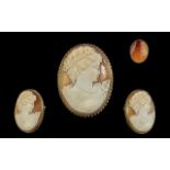 A Large and Impressive 9ct Gold Mounted Shell Cameo Brooch with Safety Chain.