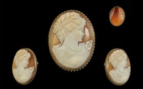 A Large and Impressive 9ct Gold Mounted Shell Cameo Brooch with Safety Chain.