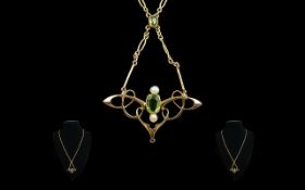 Victorian Period Excellent Designed 9ct Gold Pendant / Necklace Set with Peridots and Seed Pearls