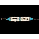 Three Strand Art Deco Style Pearl Necklace with Turquoise Set Triangular and Oval Accents,