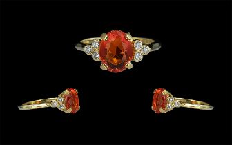 18ct Gold - Superb Quality Ornate Fire Opal and Diamond Set Ring.