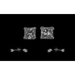 Ladies Pair of 18ct White Gold & Diamond Square Solitaire Earrings By Goldsmiths Jewellers.