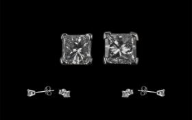 Ladies Pair of 18ct White Gold & Diamond Square Solitaire Earrings By Goldsmiths Jewellers.