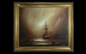Barry Hilton Oil on Canvas Painting depicting Galleons in a night sea setting.