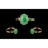 18ct Gold Attractive Jade & Diamond Set Ring, not marked, tests 18ct Gold.