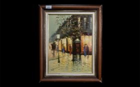 Barry Hilton Oil on Canvas Painting depicting street scene with figures. In a gilt swept frame.