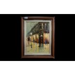 Barry Hilton Oil on Canvas Painting depicting street scene with figures. In a gilt swept frame.