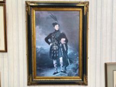 Print of Scotsman in Full Highland Dress, framed in an ornate gilt and black frame.
