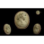 Victorian Superb 14ct Gold Mounted Carved Lava Cameo Brooch, Depicting a Portrait Bust of a