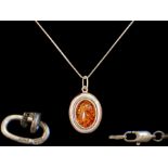 Ladies Silver Necklace & Silver and Amber Pendant. Stamped for Silver. Please See Photo.