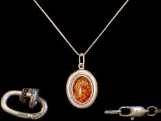 Ladies Silver Necklace & Silver and Amber Pendant. Stamped for Silver. Please See Photo.