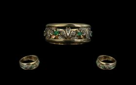 Ladies Attractive 9ct Gold Emerald & Diamond Set Band Ring, floral design. Full hallmark to shank.