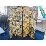 Four Panelled Wooden Screen, decorated with decoupage, each panel measures 65" x 16".
