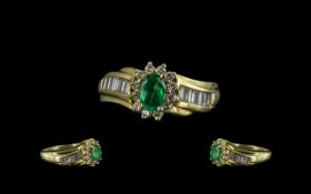 Ladies 18ct Gold Attractive Quality Emerald & Diamond Set Dress Ring,