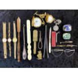Box of Assorted Collectibles, comprising brass nutcrackers, wooden pincers, a 2" brass pig with lid,