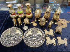 Quantity of Oriental Brass Items, including a pair of Foo Dogs, 6" tall,