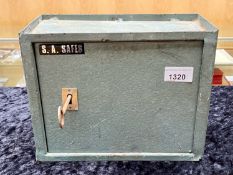 Metal Gun Box by S. A. Safes, with key, measures 8" x 10".