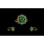 18ct Gold Excellent Emerald and Diamond Set Cluster Ring, flower head setting,