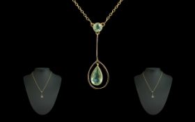 Antique Period Elegant 9ct Gold Stone Set Pendant Drop, with integral 9ct Gold chain, marked 9ct.